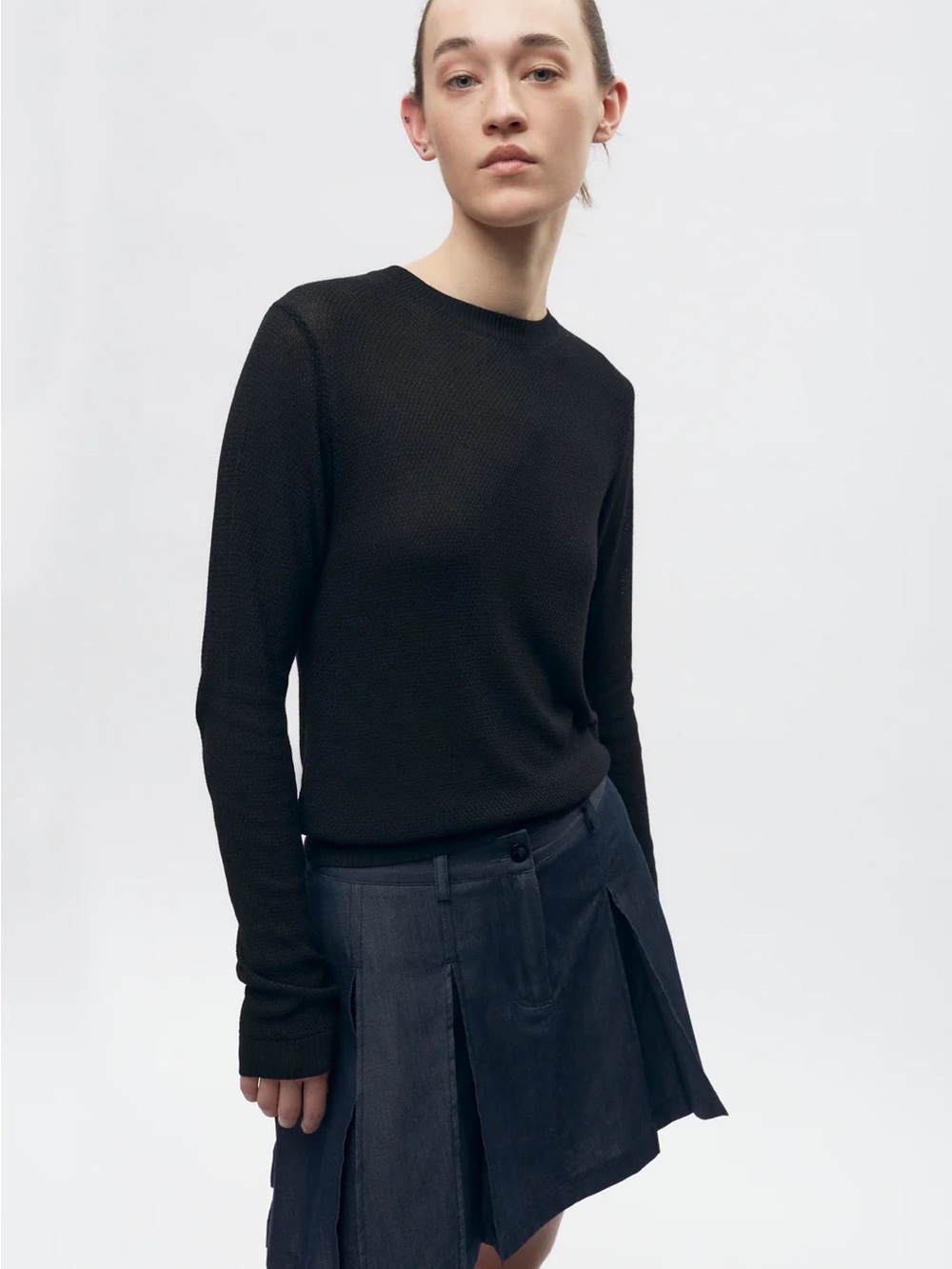 Mesh Black Crewneck Long-Sleeve Top - Women's
